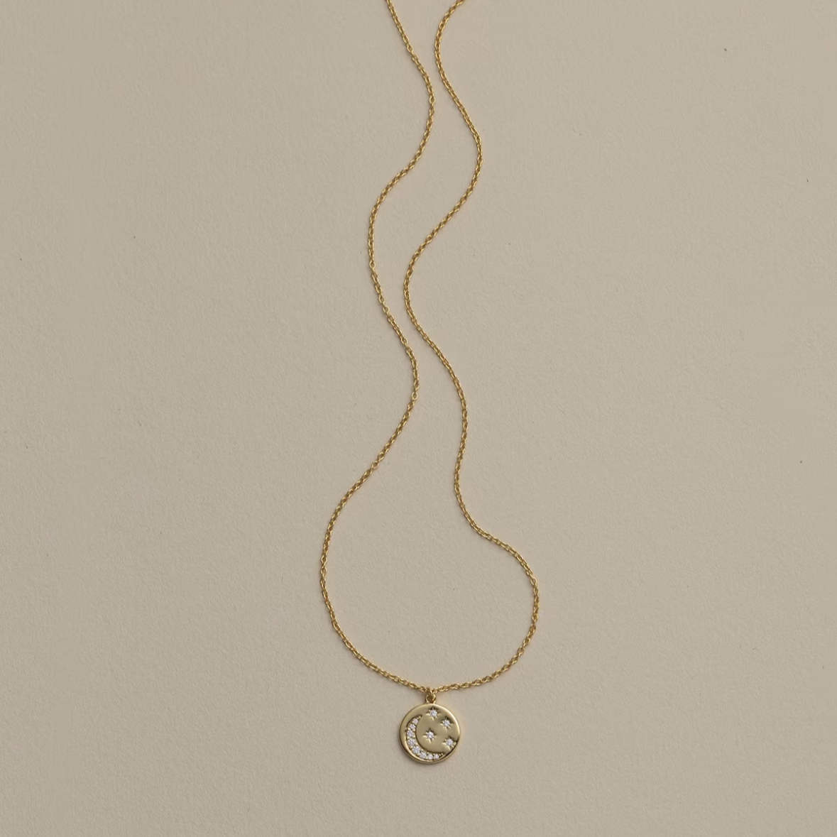 18K Gold Vermeil Sterling Silver Crescent Moon and Starburst Medallion Necklace | Declaras