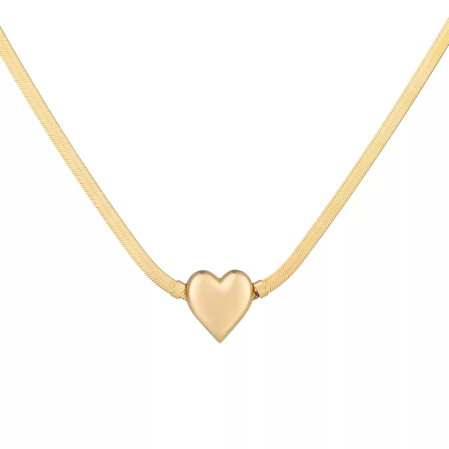 18K gold plated S925 sterling silver flat herringbone snake chain necklace featuring a minimalist puffed gold heart charm pendant.