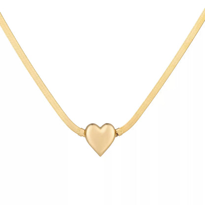 18K gold plated S925 sterling silver flat herringbone snake chain necklace featuring a minimalist puffed gold heart charm pendant.