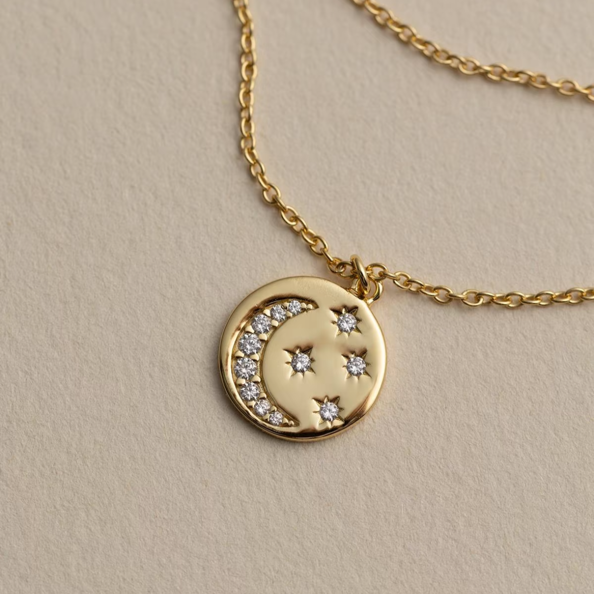 18K Gold Vermeil Sterling Silver Crescent Moon and Starburst Medallion Necklace | Declaras