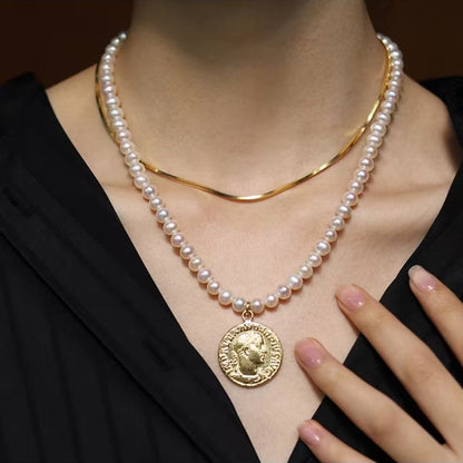 Natural Freshwater Pearl Coin Necklace | S925 Sterling Silver 18K Gold Roman Medal Pendant | Declaras