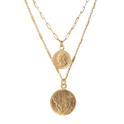 Declaras pre-layered roman coin necklace featuring double chains and antique gold medals for an effortless stacked look