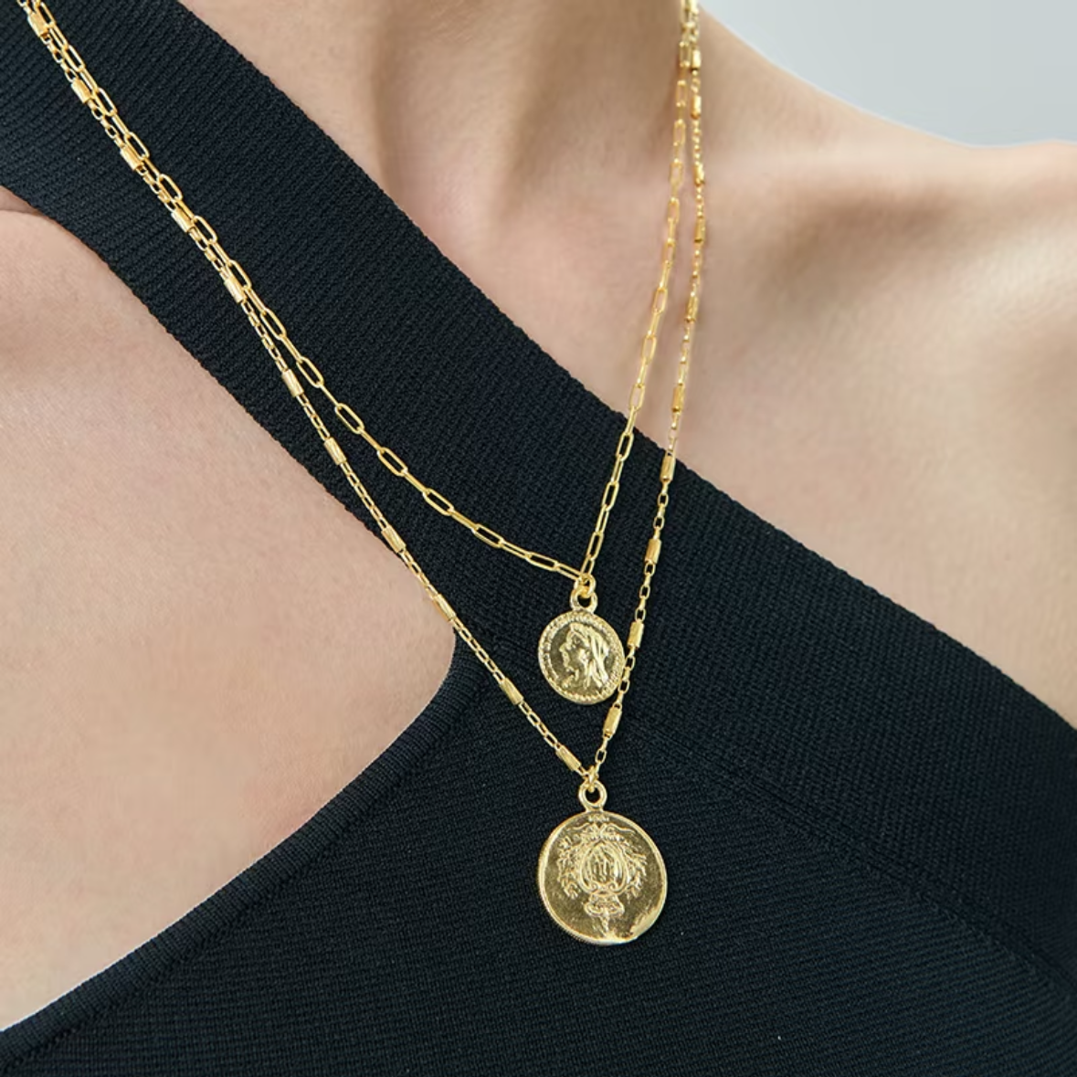 Layered Roman Coin Necklace | S925 Sterling Silver 18K Gold Multi-Chain Pendant | Declaras
