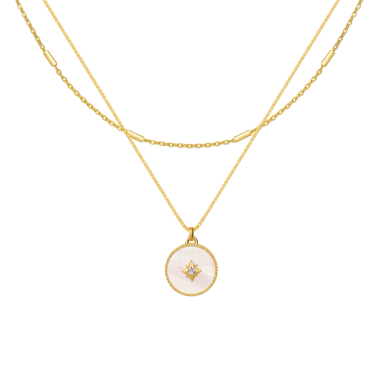 "DAY AND NIGHT" 18K Gold Vermeil Sterling Silver White Mother of Pearl Starburst Medallion Necklace | Declaras