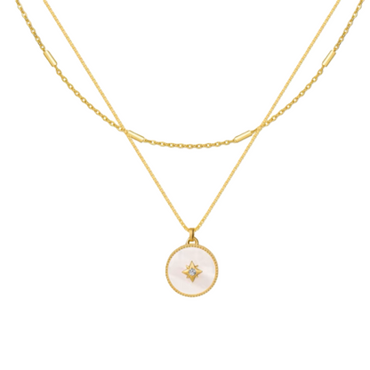 "DAY AND NIGHT" 18K Gold Vermeil Sterling Silver White Mother of Pearl Starburst Medallion Necklace | Declaras