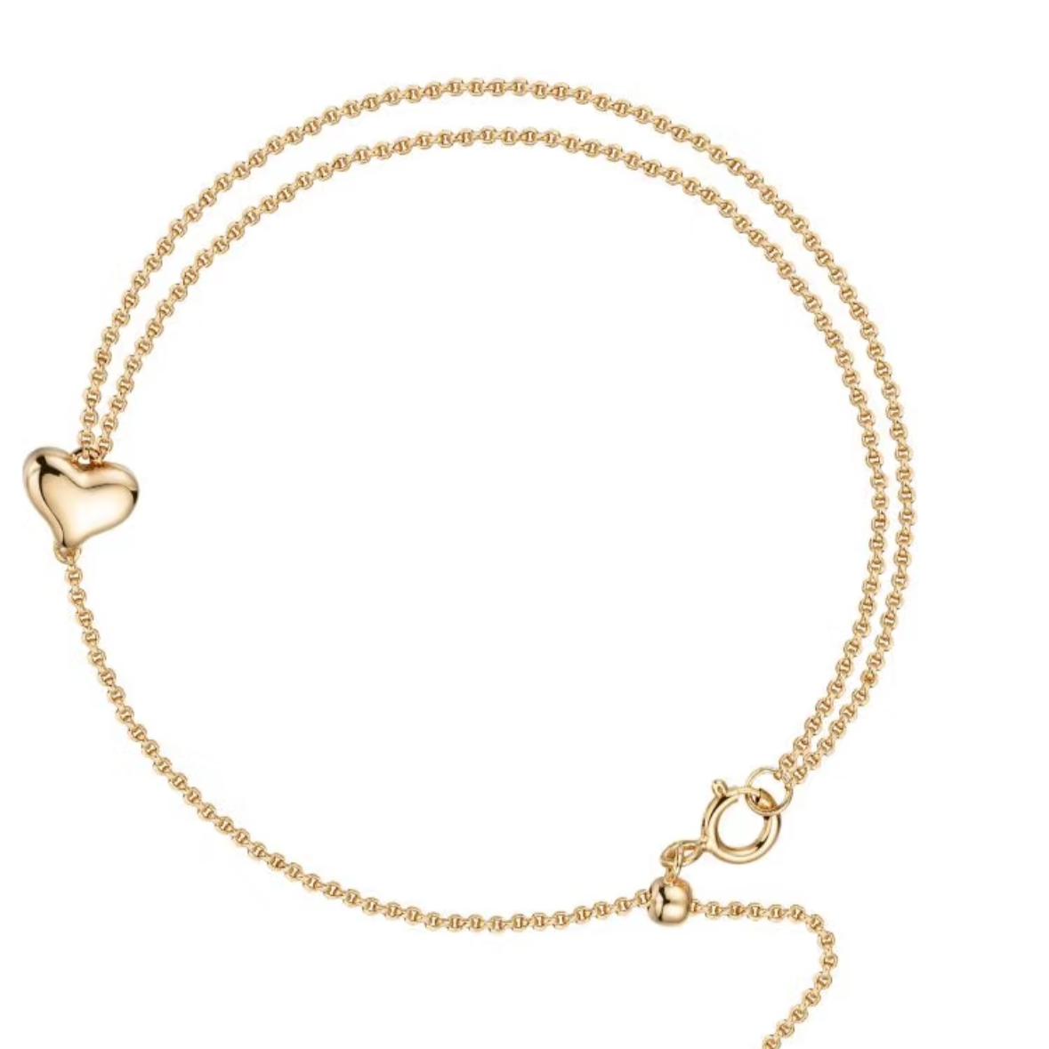 An 18K gold vermeil 925 sterling silver heart bracelet featuring a 3D puffy heart charm connected to an asymmetric double-strand chain with an adjustable spring clasp on a white background