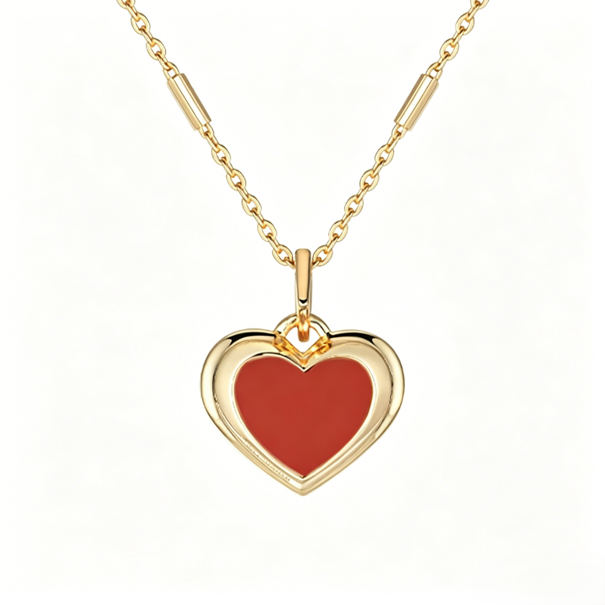 Declaras luxury demi-fine jewelry featuring a double-layer 3D puffed heart pendant inlaid with a smooth natural red carnelian stone on an 18K gold plated bar link chain
