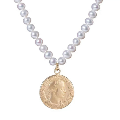 Declaras natural freshwater pearl necklace with 18k gold plated sterling silver roman coin medallion pendant