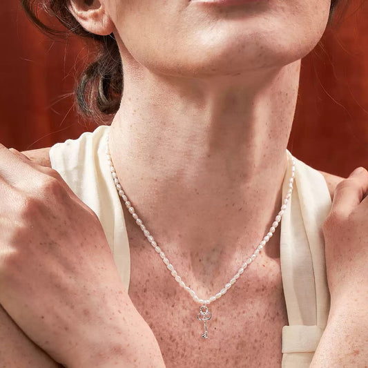 Sterling Silver Spade Key Pearl Necklace