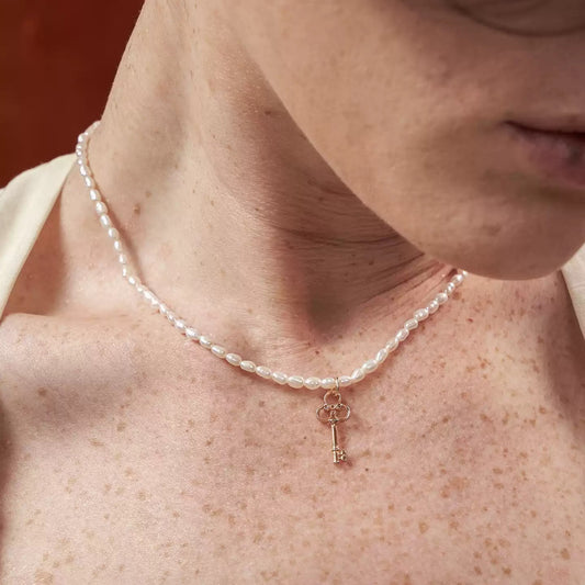 Sterling Silver Spade Key Pearl Necklace