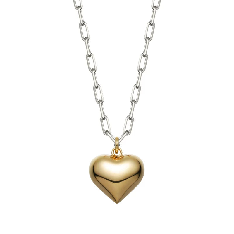 Mixed-Metal Paperclip Chain with 18K Gold Plated Puffed Heart Necklace | Declaras