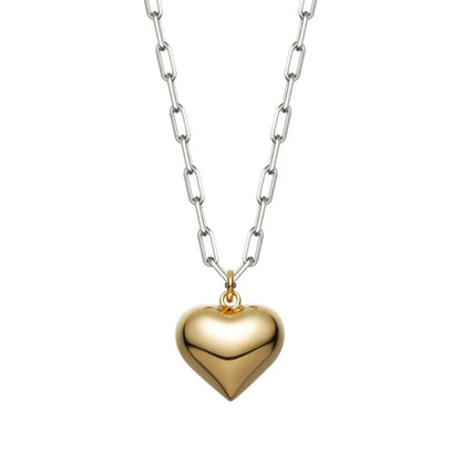 Mixed-Metal Paperclip Chain with 18K Gold Plated Puffed Heart Necklace | Declaras