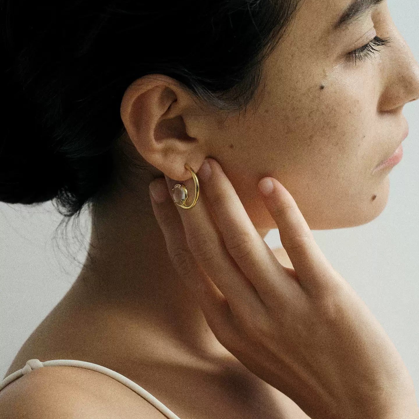 18K Gold Vermeil Sterling Silver Natural Clear Quartz G-Shaped Hoop Earrings | Declaras