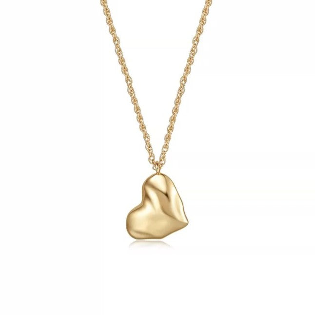 18k gold vermeil irregular molten puffy heart pendant necklace on a delicate gold rope chain.